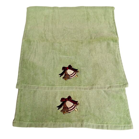 Set of 2 Holiday Washcloths Sage Green Christmas Bells Rustic Lodge Cabin 12" - Picture 4 of 9